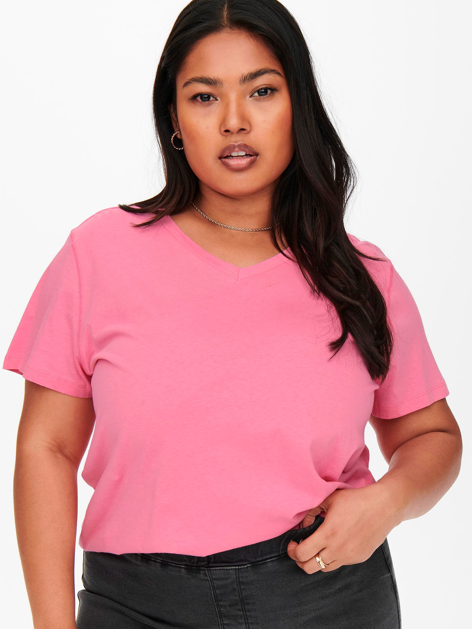 Carbasic - Rosa bomulls t-shirt med v-ringning fra Only Carmakoma