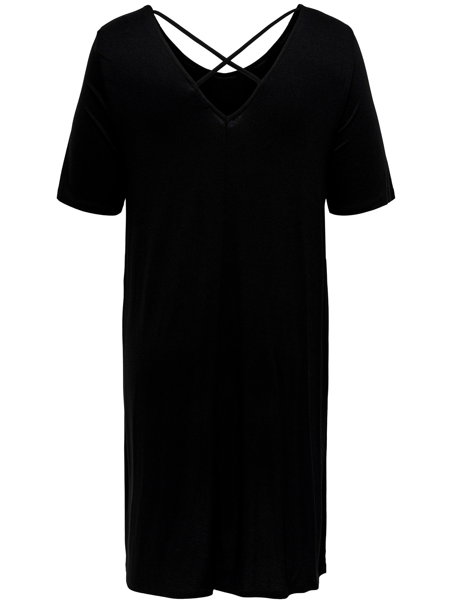 Carnewbandana - svart klänning i viskos med ett kors på baksidan fra Only Carmakoma