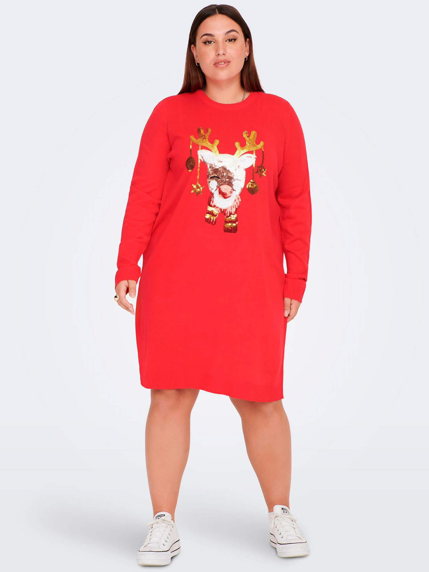 Car JINGLEBELL - Rød strik kjole med fint paliet jule motiv fra Only Carmakoma