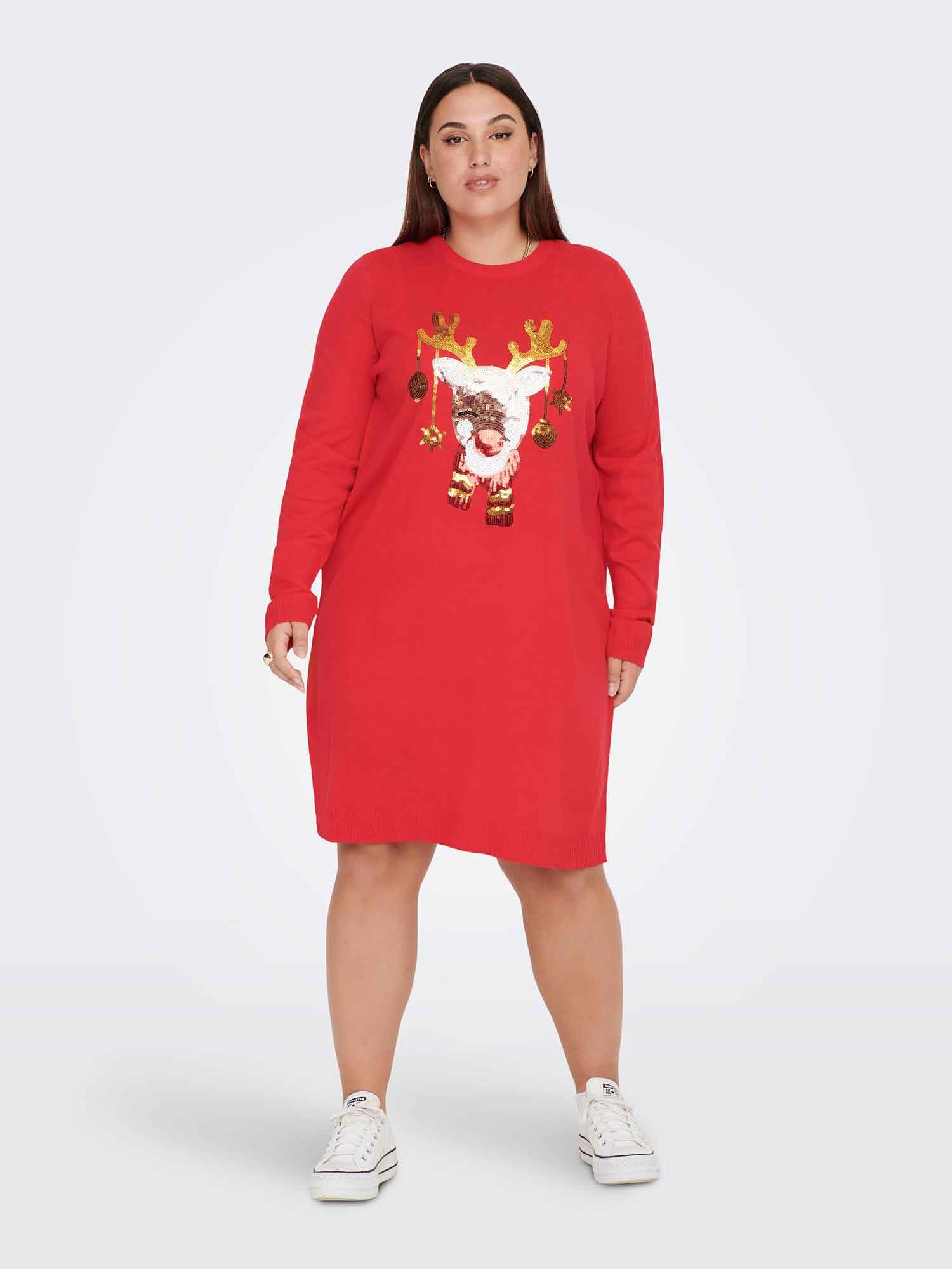 Car JINGLEBELL - Rød strik kjole med fint paliet jule motiv fra Only Carmakoma