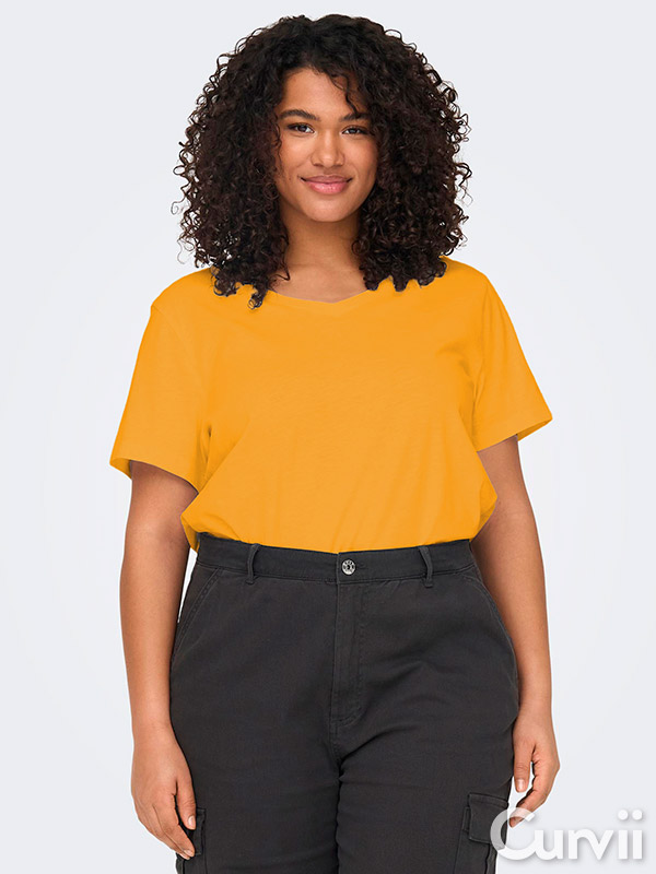 BONNIE - Orange t-shirt i bomull med v-ringning fra Only Carmakoma