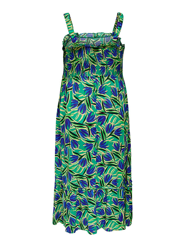 SOLVEIG - Grön viskosklänning med smocktopp och blå blommor fra Only Carmakoma