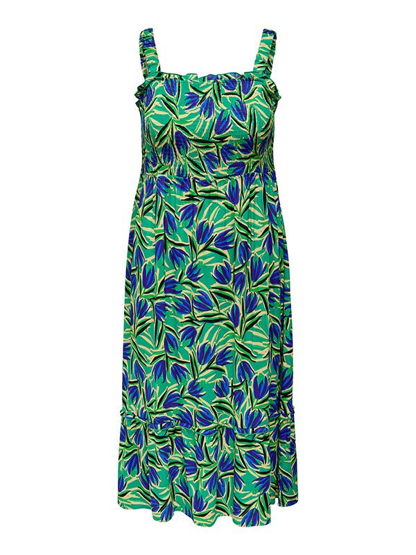 SOLVEIG - Grön viskosklänning med smocktopp och blå blommor fra Only Carmakoma