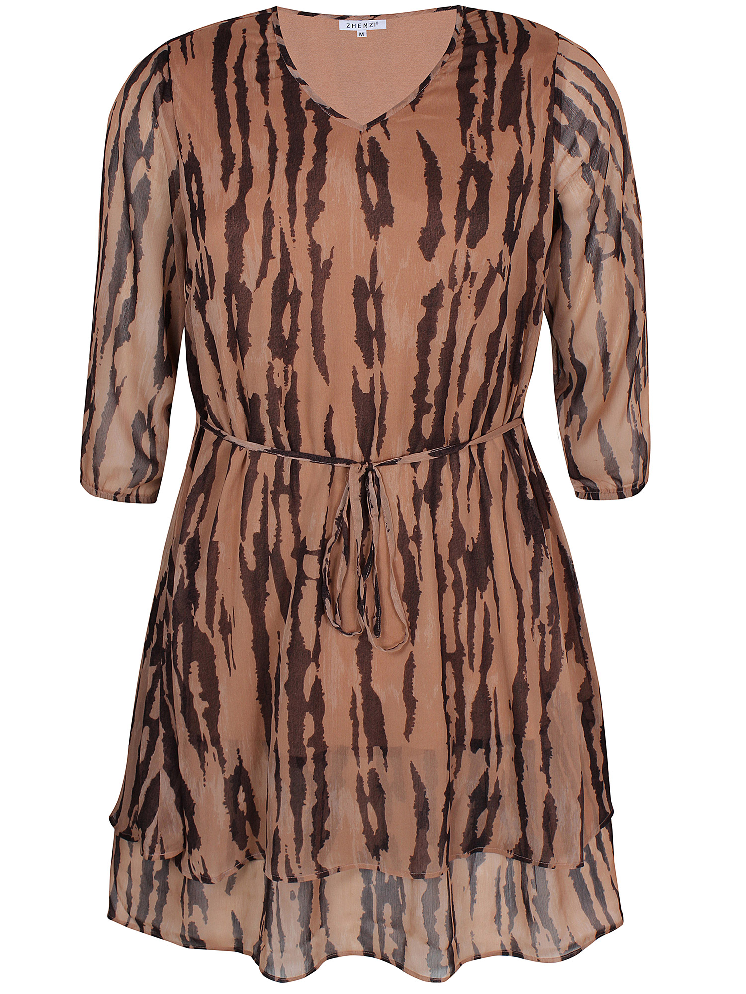 Paloma - Fin ljusbrun chiffongklänning med mörkt mönster fra Zhenzi