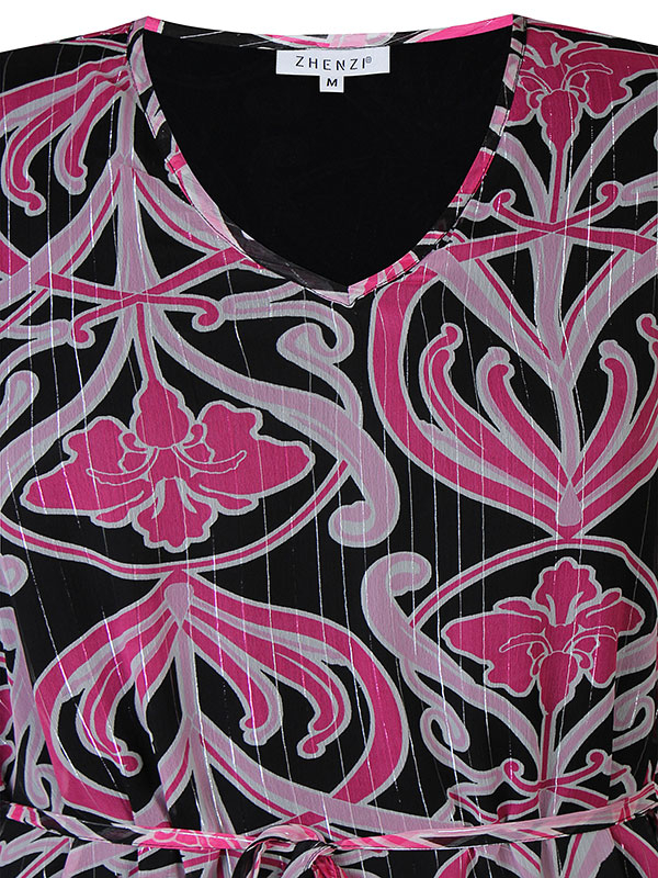 LILIANA - Svart klänning med rosa tryck och silvertråd fra Zhenzi