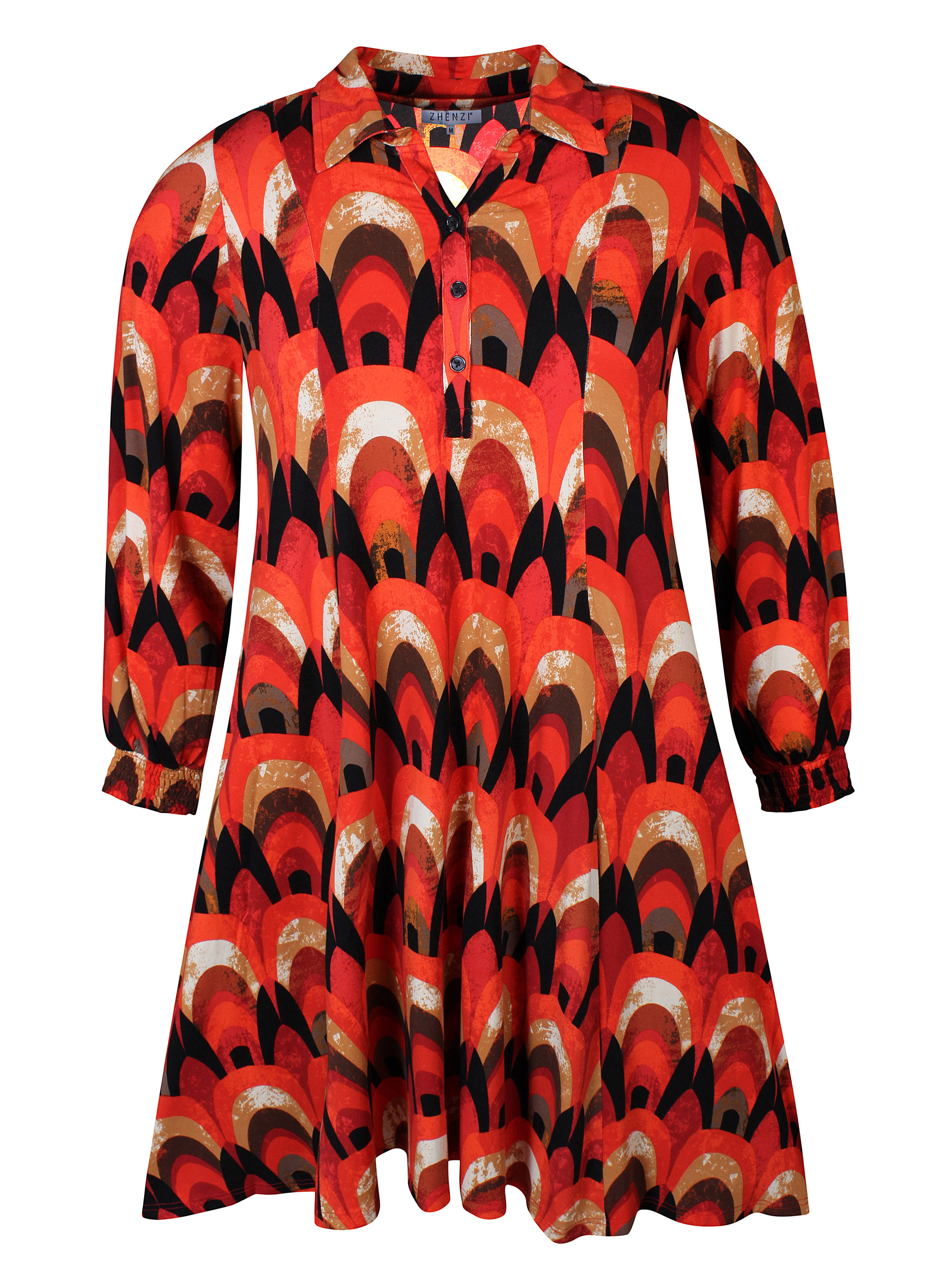 JUSTINE - Stretchig klänning med orange och rött mönster fra Zhenzi