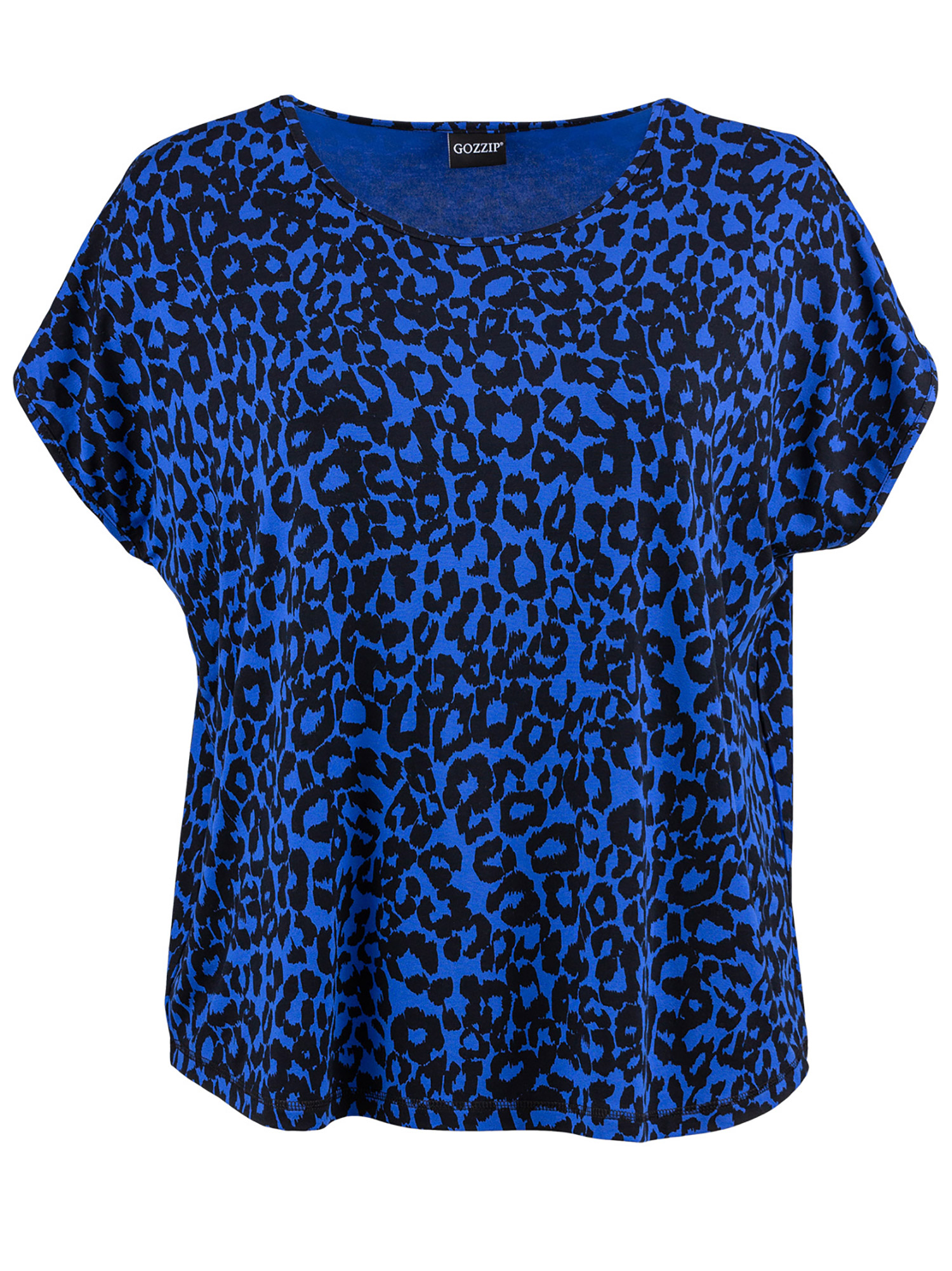Gitte - Blå blus i viskostrikå med korta ärmar och svart mönster fra Gozzip