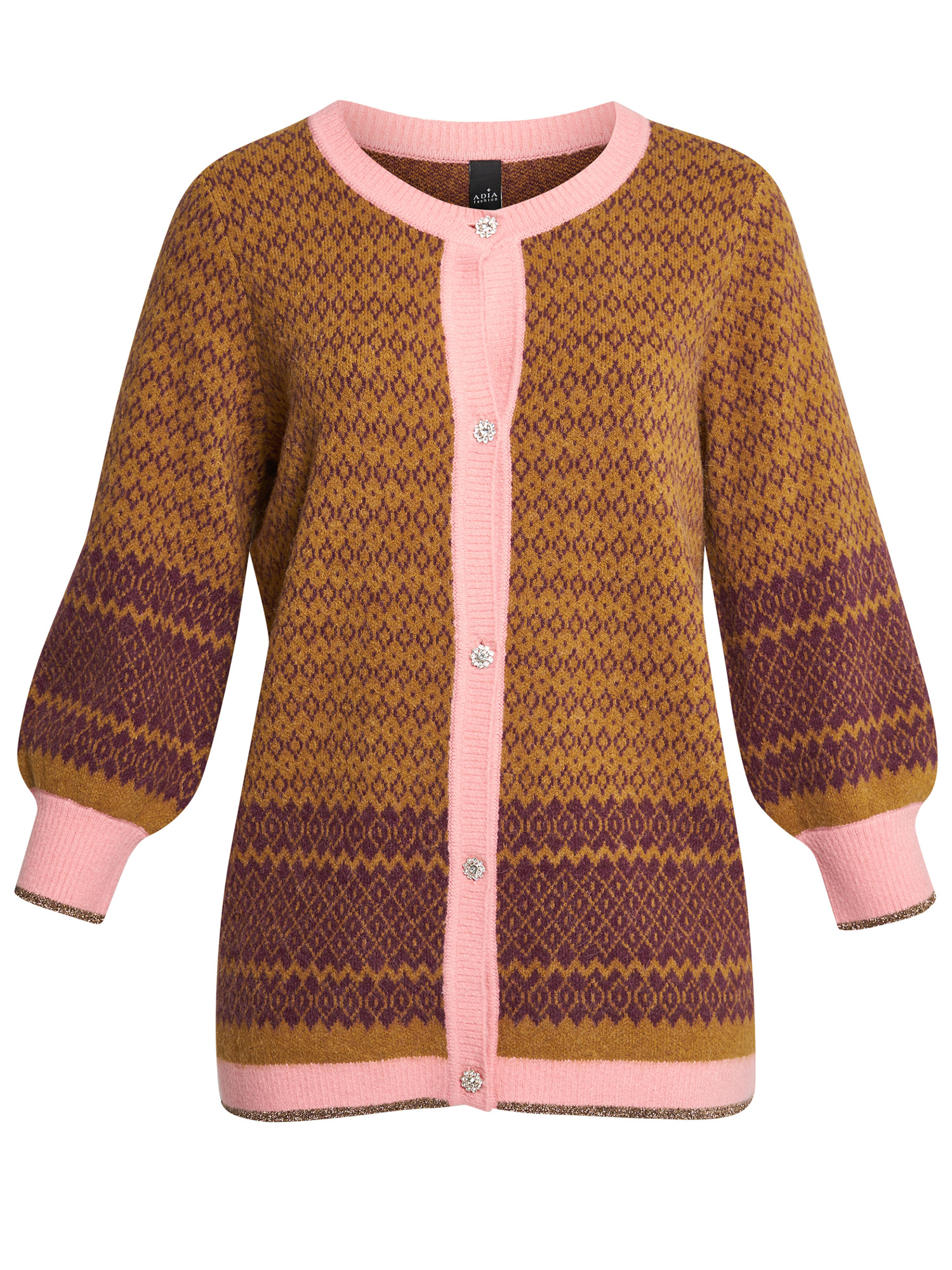 tjock brun stickad kofta med mönster och rosa detaljer fra Adia