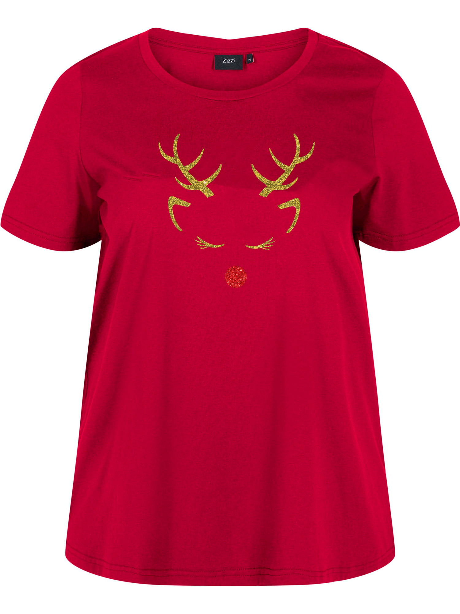 Röd bomulls t-shirt med julmotiv i paljetter fra Zizzi