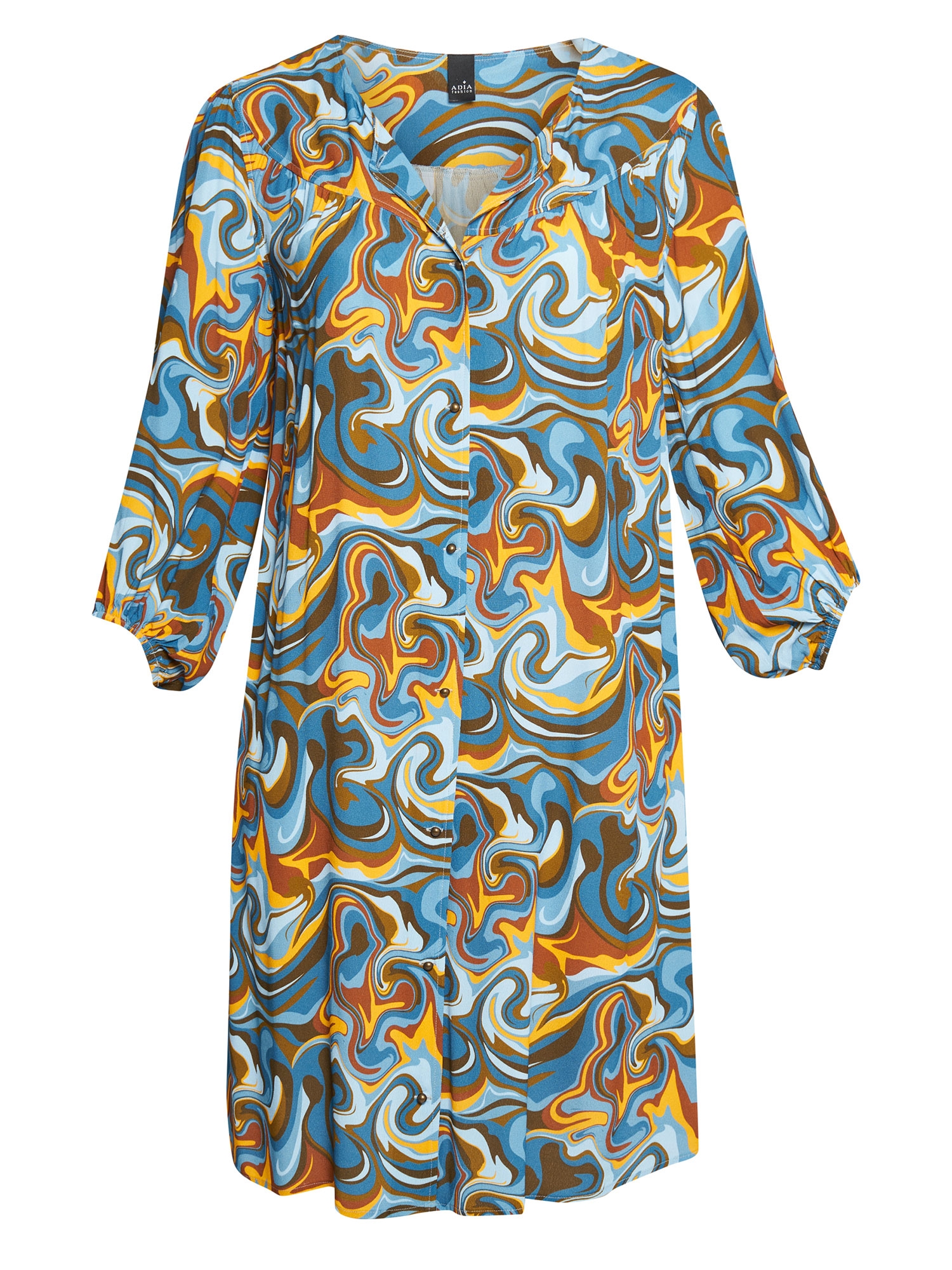 MARTA - Super flot skjorte kjole med retro print i blå og gyldne toner  fra Adia