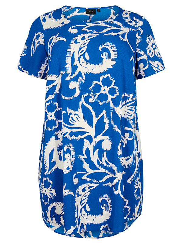 Blå tryckt klänning med korta ärmar fra Zizzi