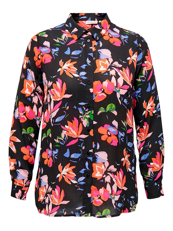ALMA LIFE - Svart skjorta med långa ärmar och ljusa blommor fra Only Carmakoma