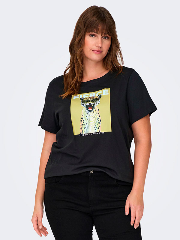 BELLANA - Mörkgrå T-shirt med leopardtryck fra Only Carmakoma