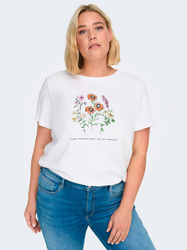EDLA - Vit t-shirt i bomull med blommönster fra Only Carmakoma