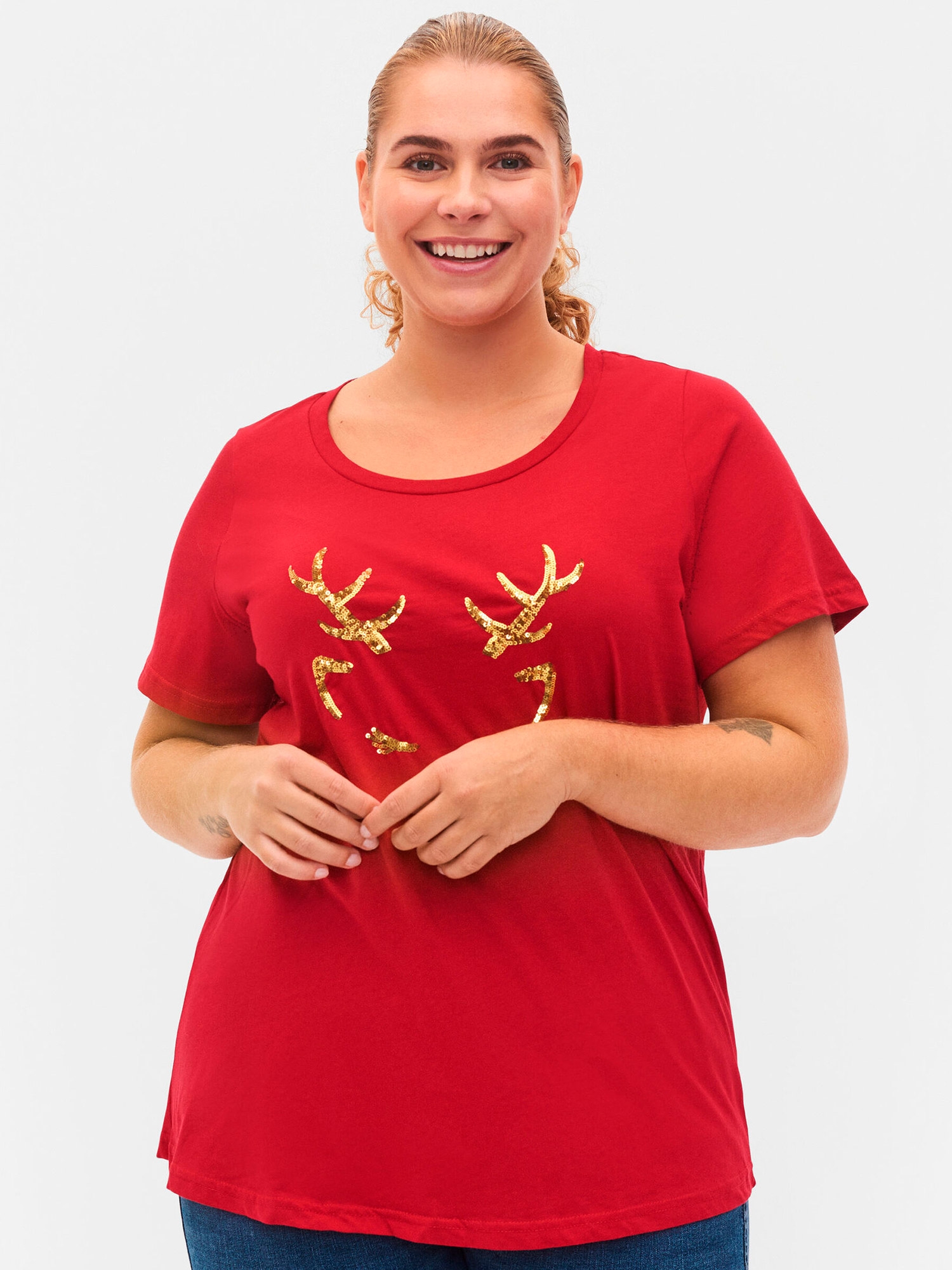 Röd bomulls t-shirt med julmotiv i paljetter fra Zizzi