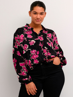 Kaffe Curve POLLO - Svart skjorta med rosa blommor