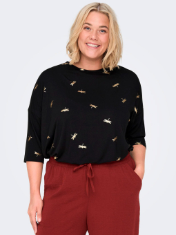 Only Carmakoma Car FLORAL - Svart jerseyblus med guldtryck och öppning på baksidan