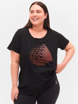 Zizzi Svart bomulls-t-shirt med orange och koppartryck