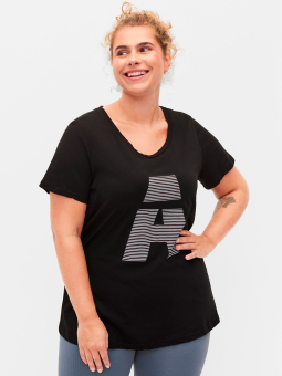 Zizzi Svart T-shirt i bomull med vitrandigt tryck