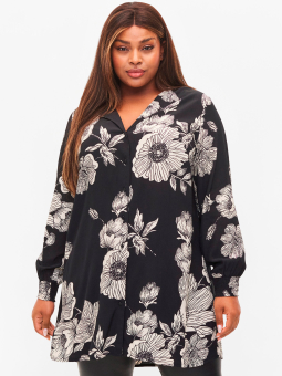 Zizzi Svart viskostunika med stora vita blommor