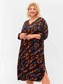 Zizzi Lang sort viskose kjole med smukt blåt og orange print